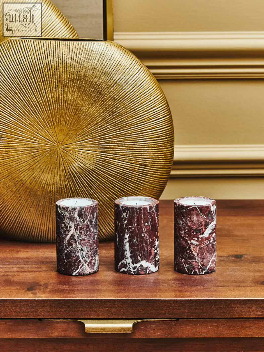 Salmo set of three red marble tealight holders with deep burgundy and white marble pattern in modern holders