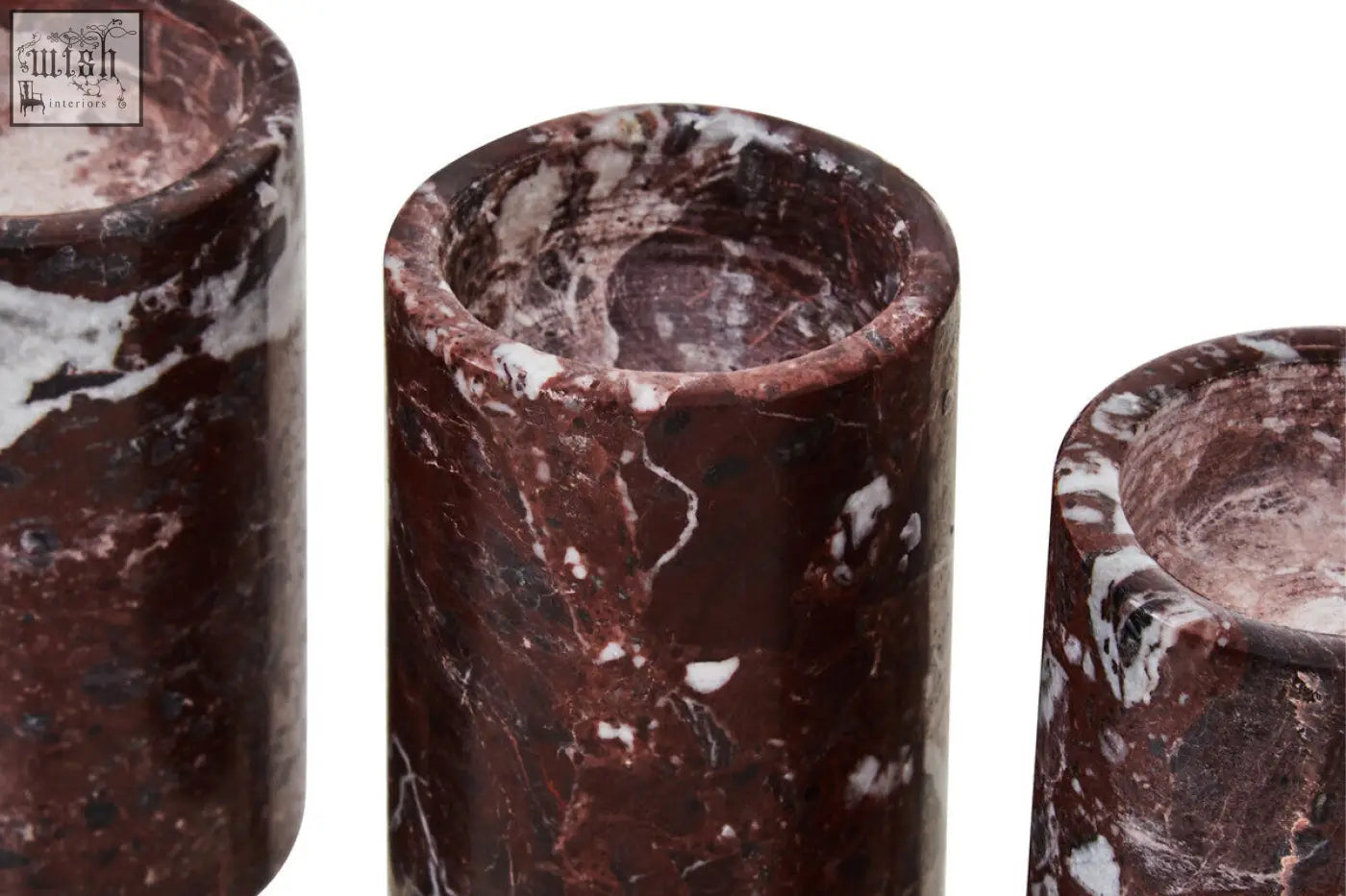Salmo set of three red marble tealight holders in dark red marble with white and black veining cylindrical design