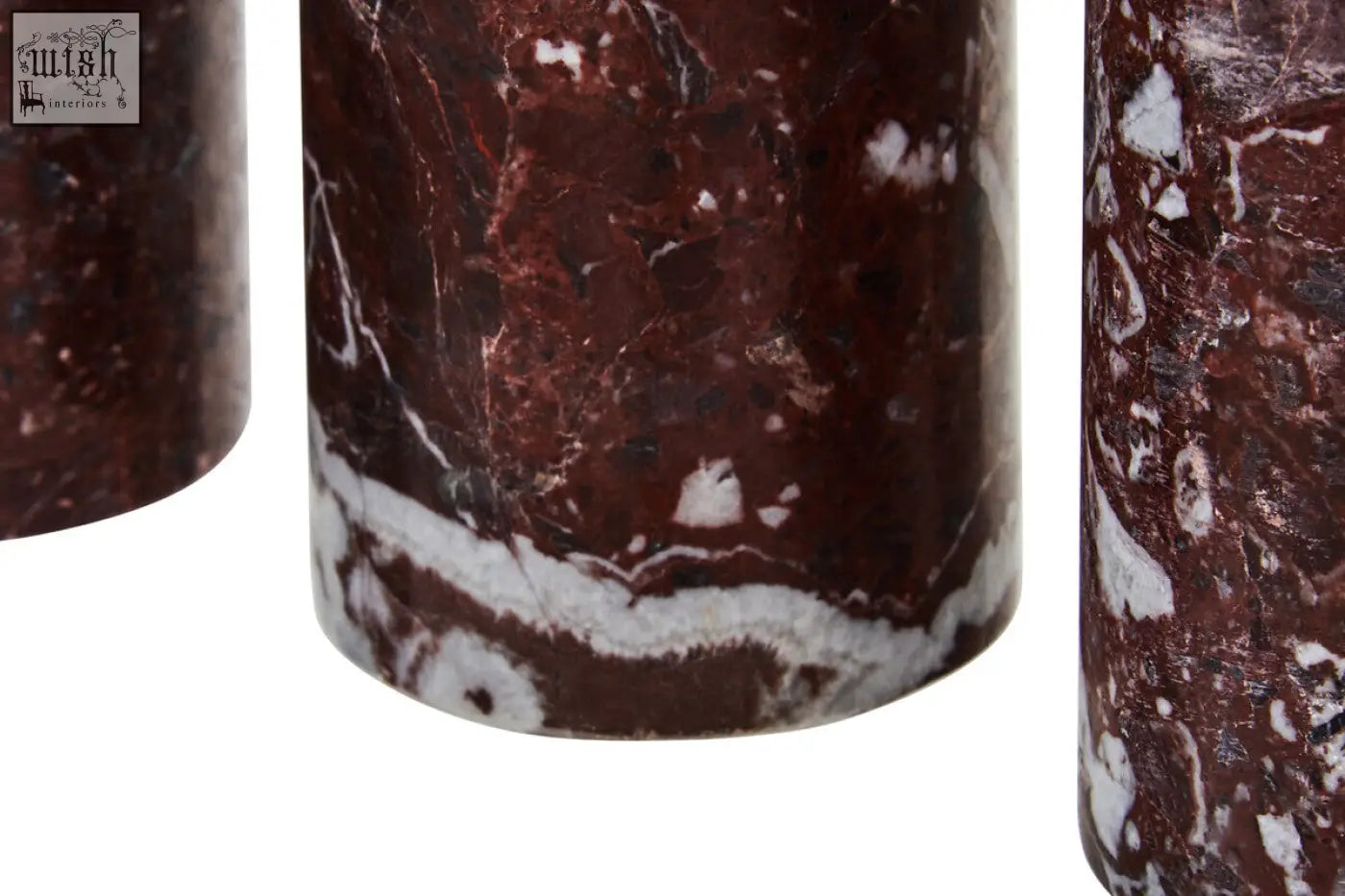 Salmo set of three red marble tealight holders in dark red marble with swirling white and black veining cylindrical design