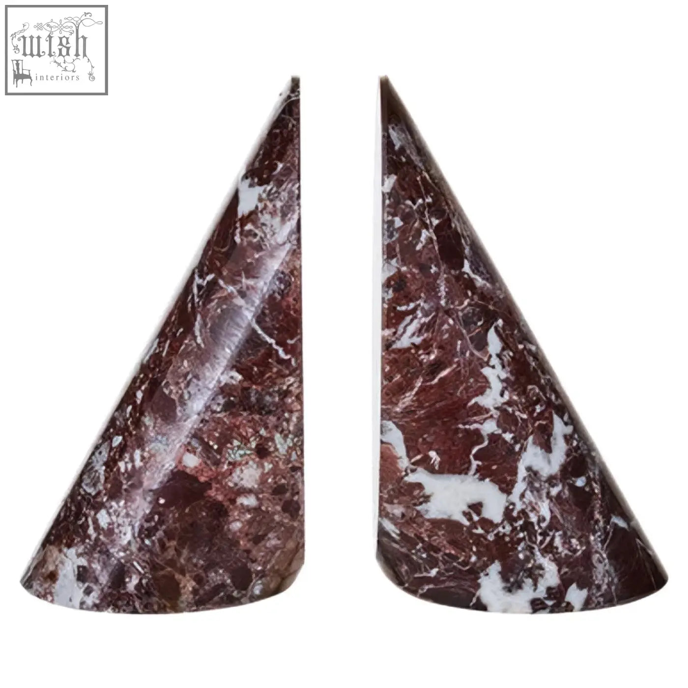 Dark brown marble bookends with white veining shaped like cones in the salmo set of two red marble bookends