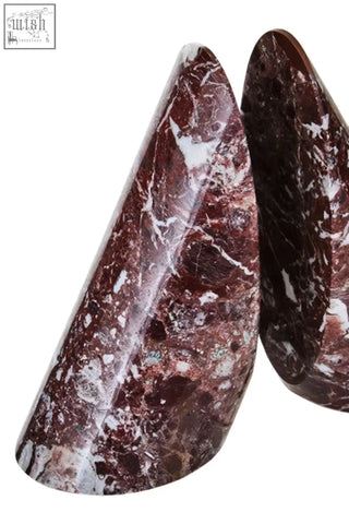 Salmo set of two dark red marble bookends with white veining perfect for stylish bookshelf decor