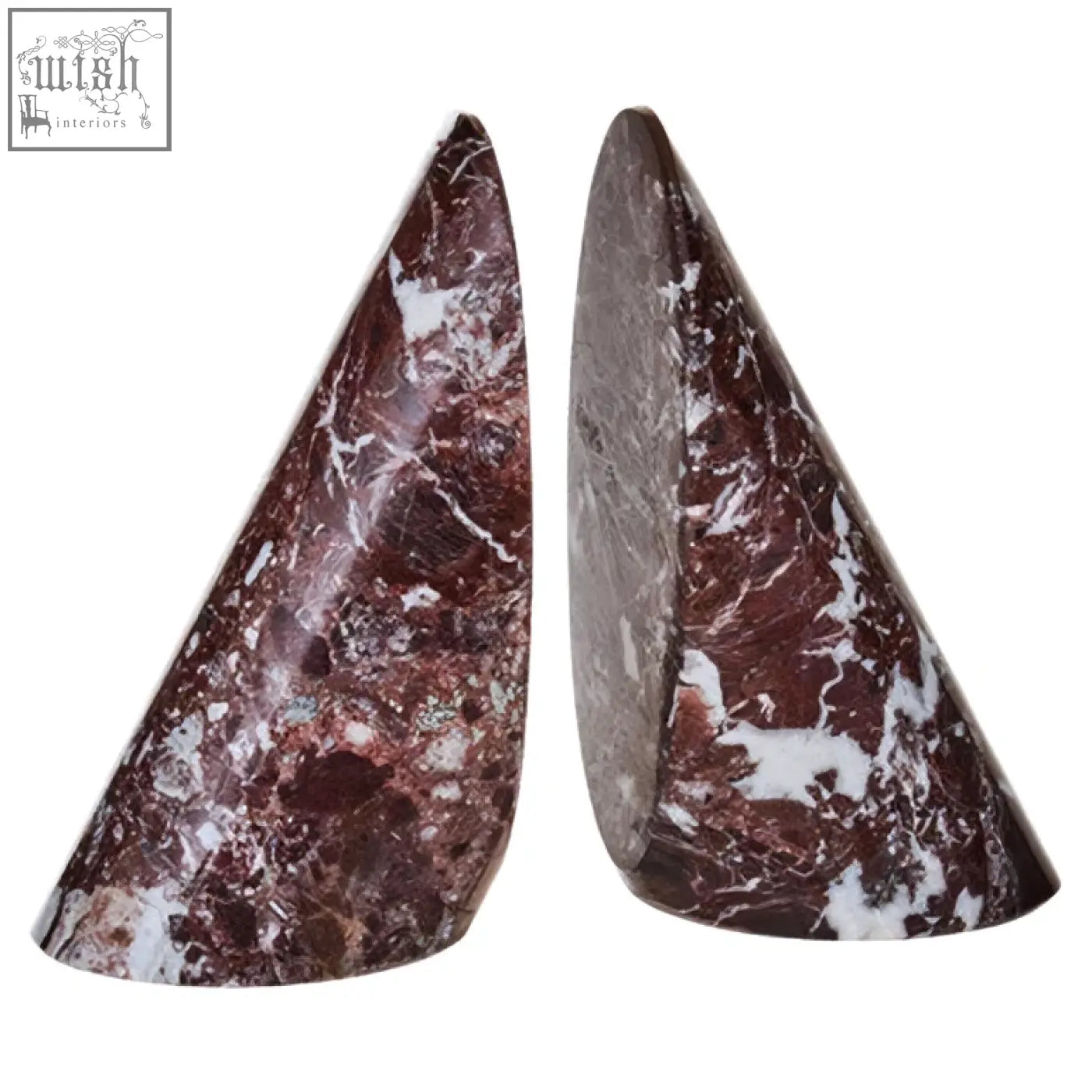 Salmo set of two red marble bookends with dark red and white polished cone-shaped design perfect for holding books