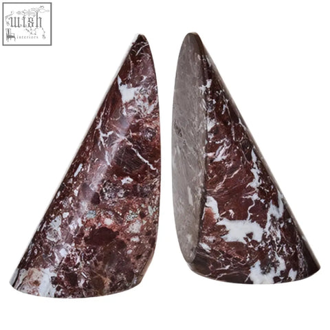 Salmo set of two red marble bookends with dark red and white polished cone-shaped design perfect for holding books