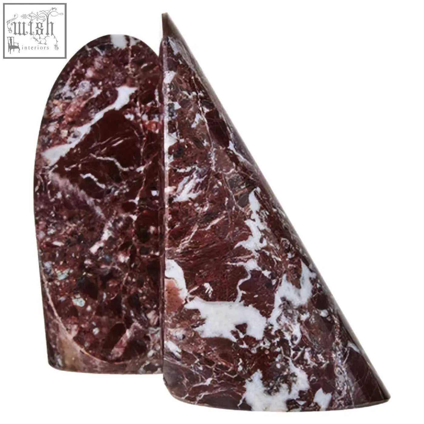 Salmo set of two red marble bookends with dark red marble and swirling white veining for stylish book support