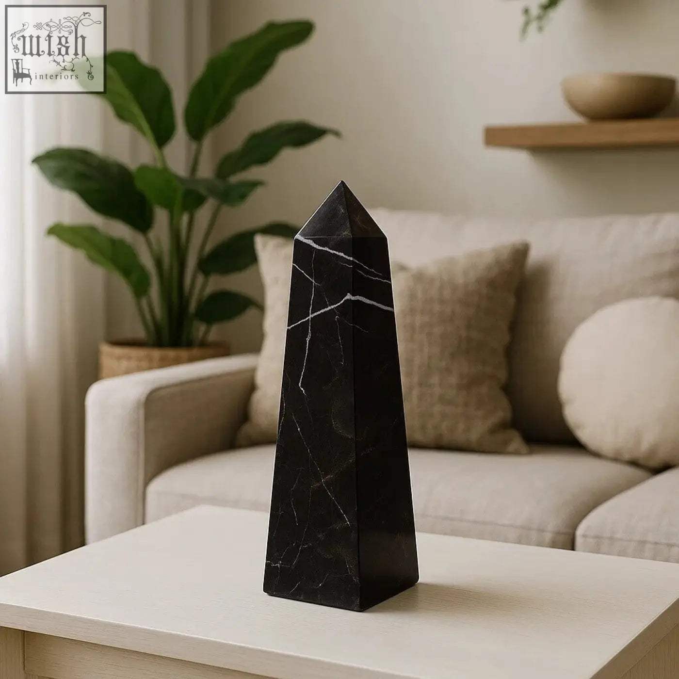 Salmo small black marble obelisk with glossy polished finish and white veining for elegant decor accents