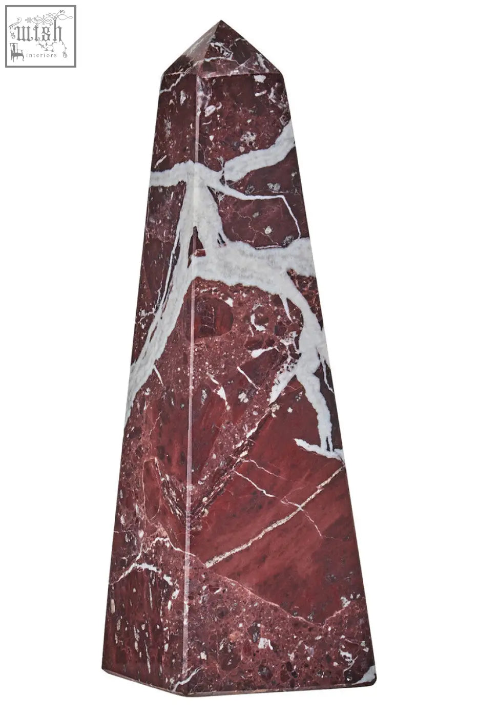 A polished salmo small red marble obelisk with striking white veining and smooth finish