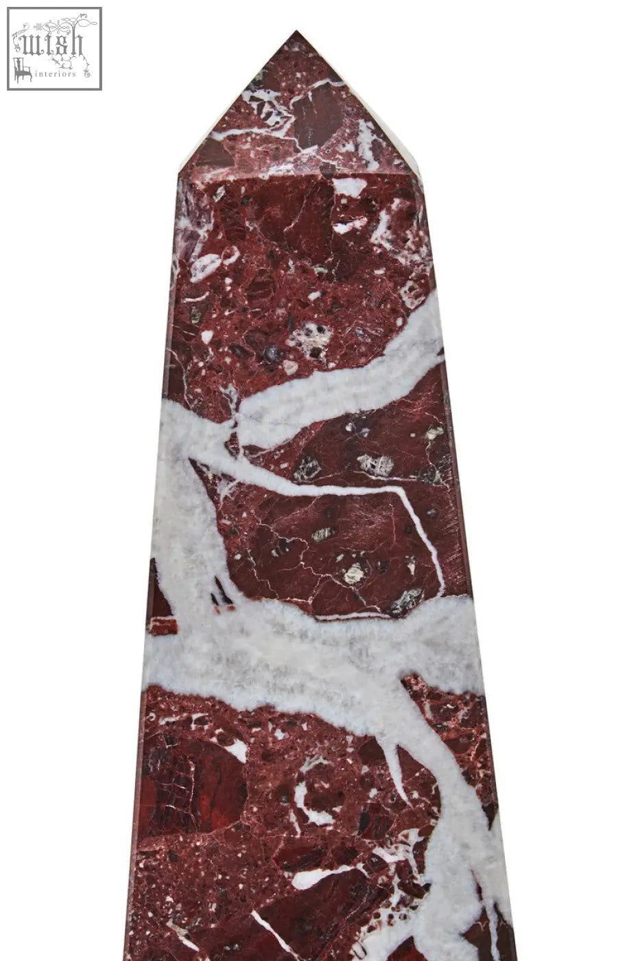 Salmo small red marble obelisk with polished white veins and a pointed top perfect for decor accents