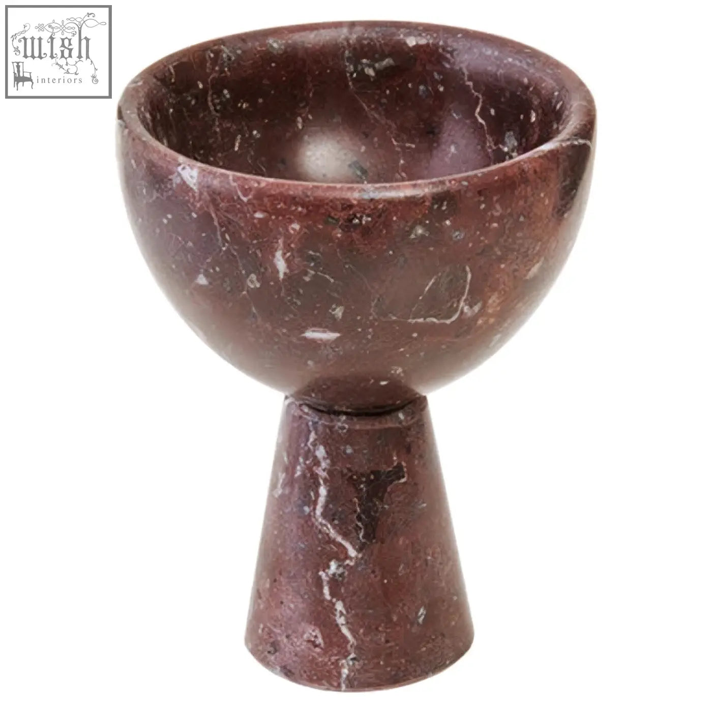A salmo small red marble pedestal bowl in dark reddish-brown with white veining and a tapered base