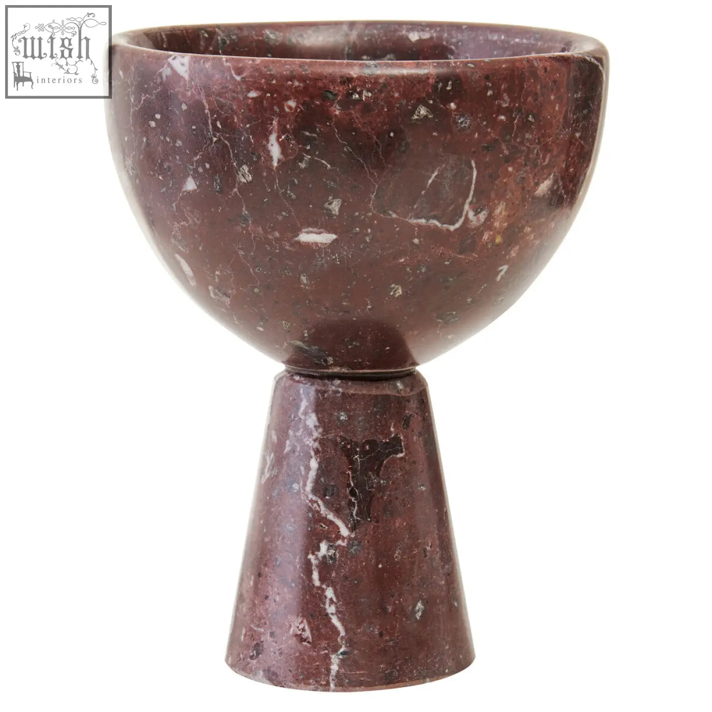 A polished salmo small red marble pedestal bowl with deep burgundy color and white black veining