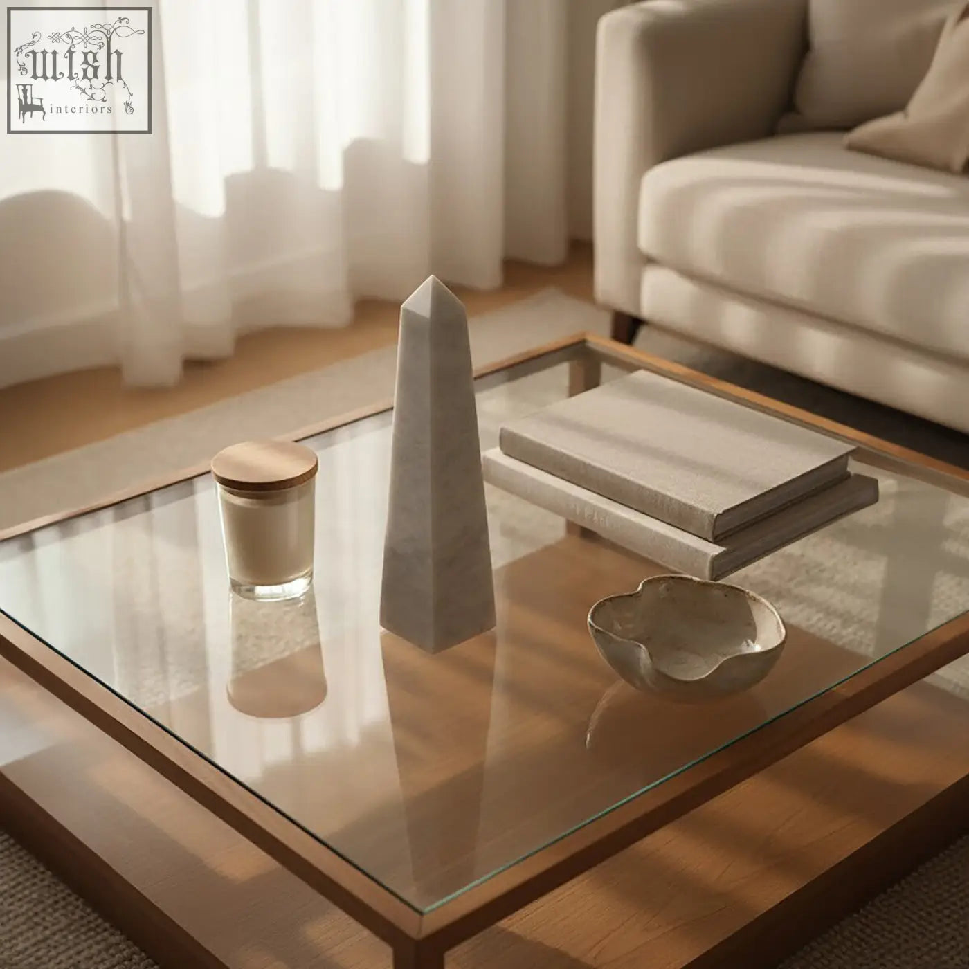 A sleek salmo small white marble obelisk with sharp edges sits on a glass coffee table as a minimalist decor piece
