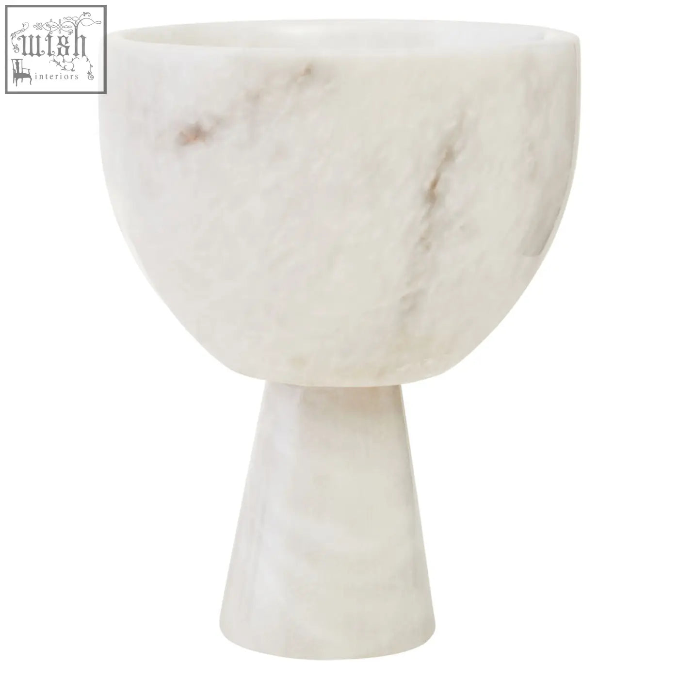 A sleek salmo small white marble pedestal bowl with gray veining and a wide rounded rim