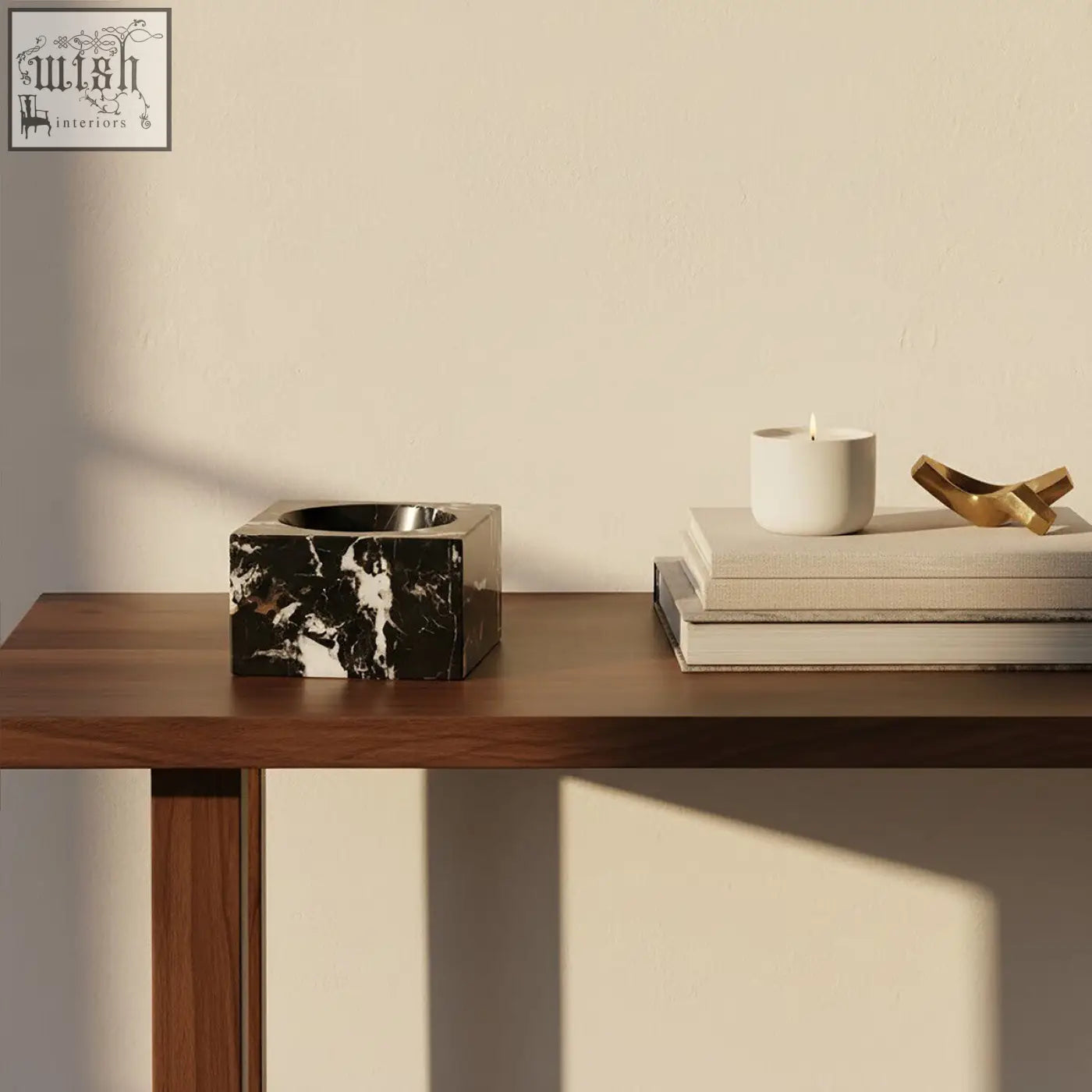 Salmo square black marble bowl with a polished reflective interior and black and white marble ashtray design