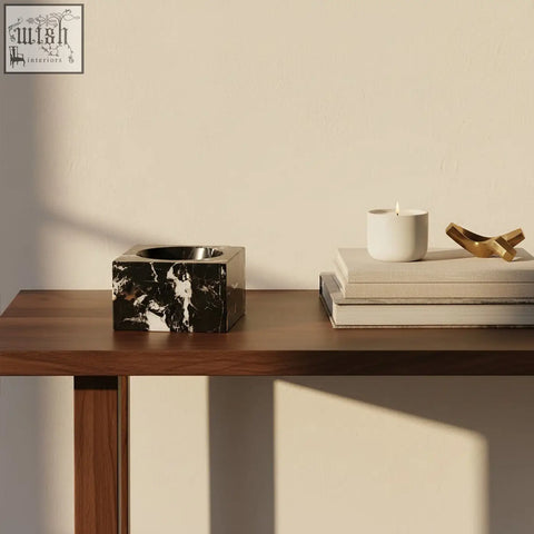 Salmo square black marble bowl with a polished reflective interior and black and white marble ashtray design