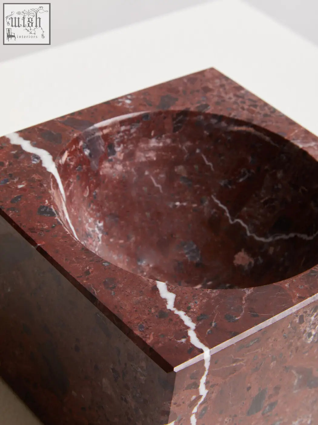 Salmo square red marble bowl featuring a deep red square marble sink with polished surface and white veining