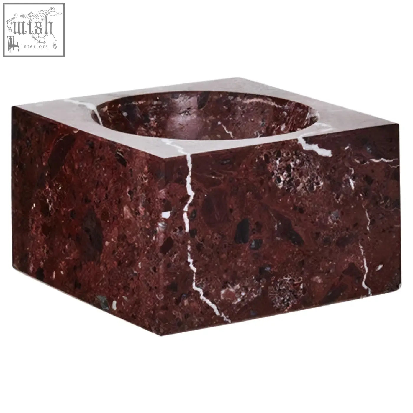 A salmo square red marble bowl candle holder with a smooth polished surface and deep burgundy red marble finish