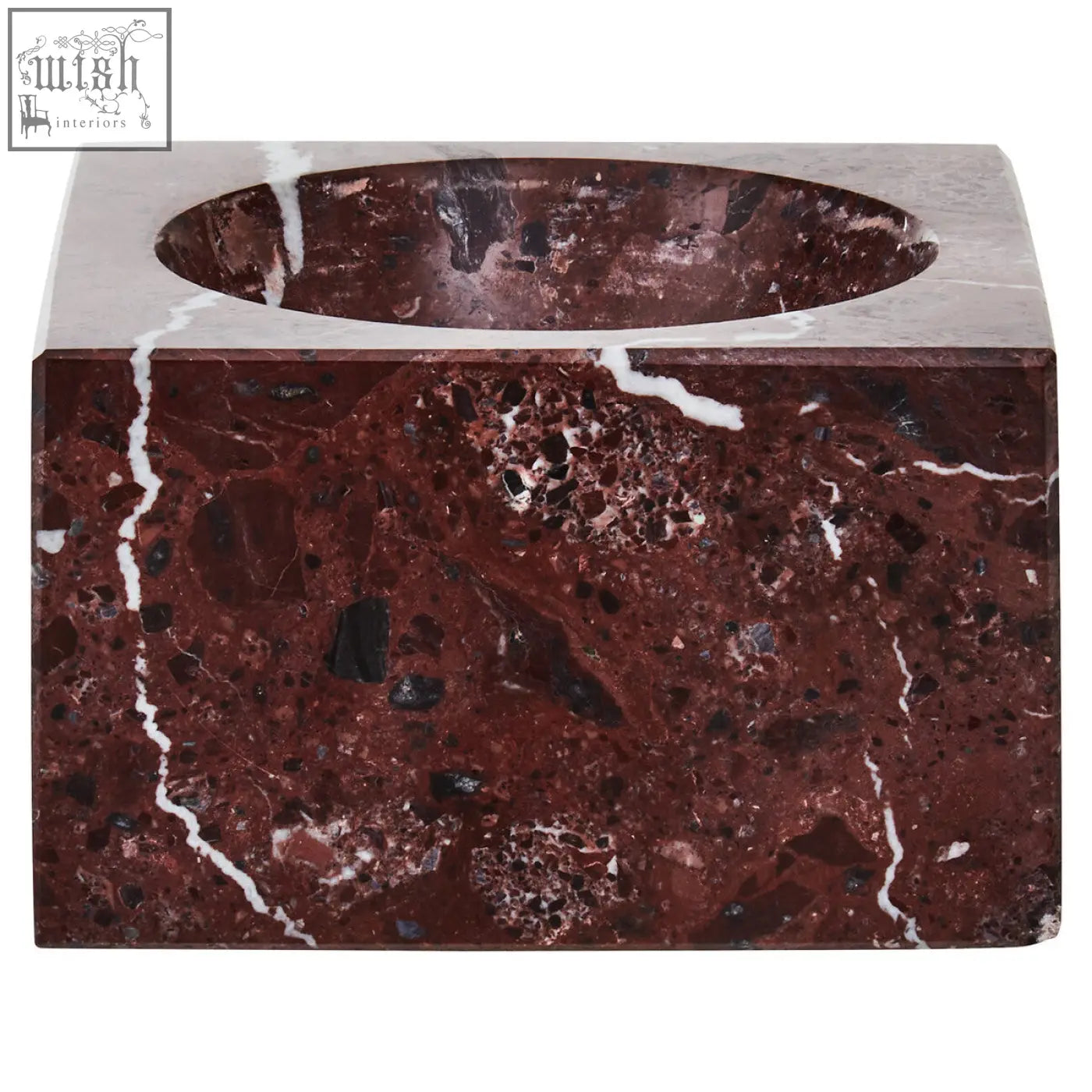 A square red marble tissue box with white veining and a matching oval cutout from salmo square red marble bowl