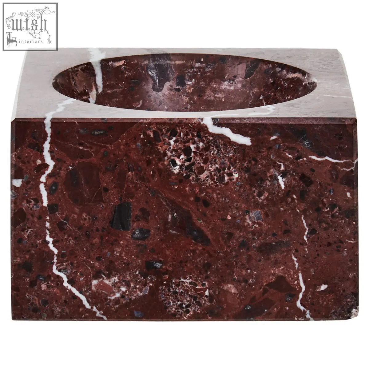 A square red marble tissue box with white veining and a matching oval cutout from salmo square red marble bowl
