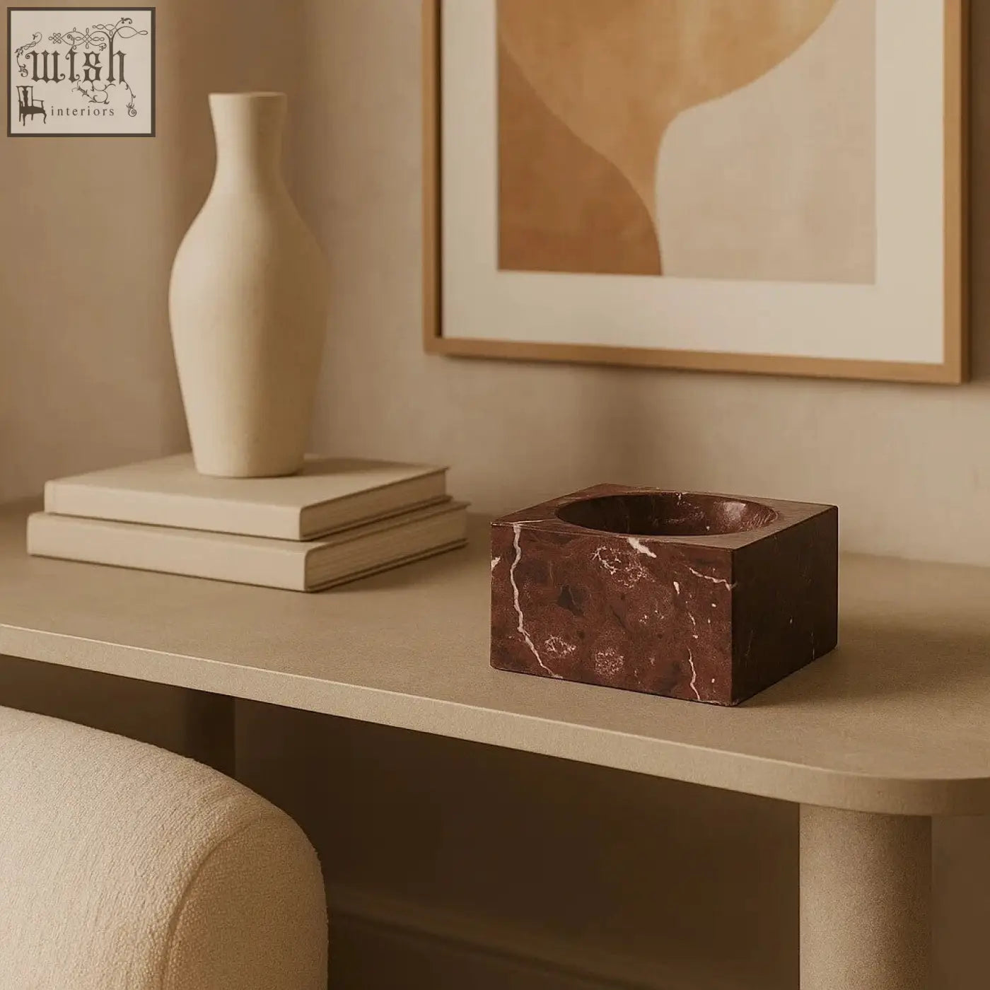 Salmo square red marble square ashtray with dark brown marble and white veining and circular recessed center