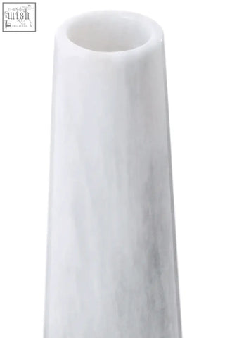 A sleek salmo white marble tapered vase with subtle gray veining perfect for modern home decor
