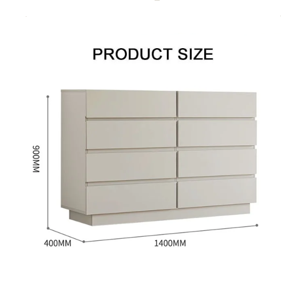 Beige salome drawer cabinet with eight sleek drawers and minimalist modern design for stylish storage