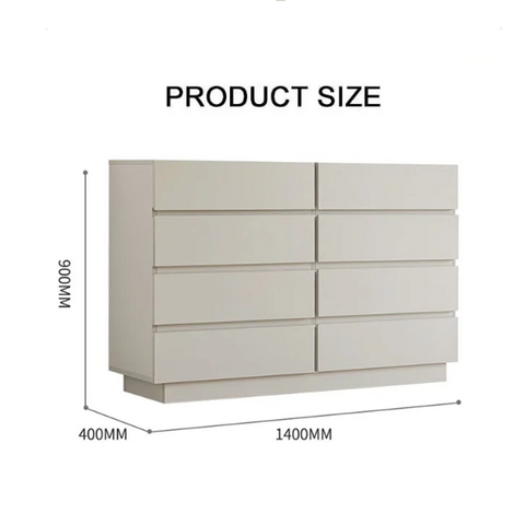 Beige salome drawer cabinet with eight sleek drawers and minimalist modern design for stylish storage