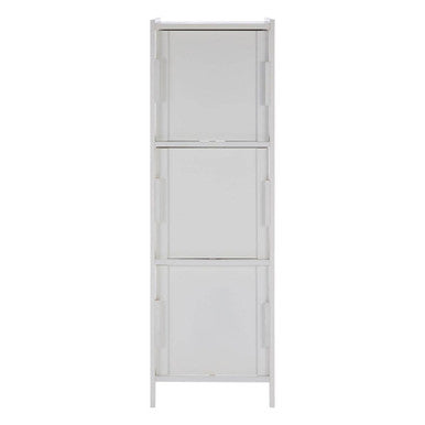 White wood drawer cabinet with three glass doors and clean lines perfect for salon white wood storage