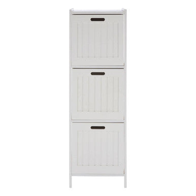 Salon white wood 3 drawer cabinet with vertical slat design and black handles for stylish storage