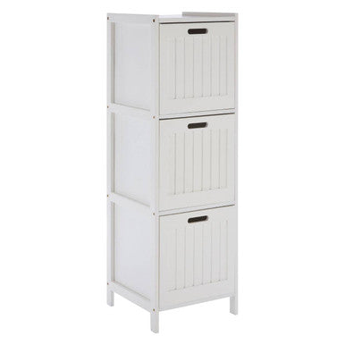 Salon white wood three drawer cabinet with vertical slat detailing for stylish storage and organization