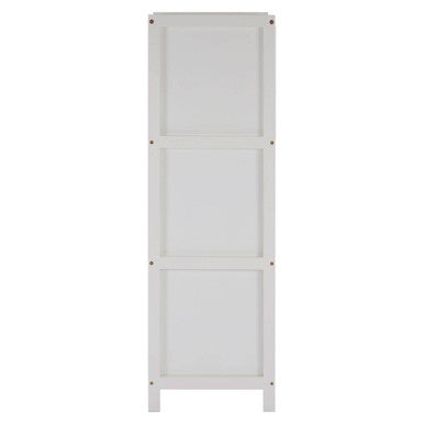 White wood salon white drawer cabinet with three evenly spaced rectangular compartments for storage