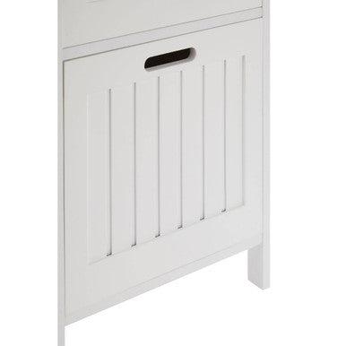 Salon white wood 3 drawer cabinet with vertical slats and black handle for stylish storage