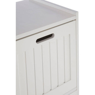 Salon white wood 3 drawer cabinet with white wood vertical slats and a black handle drawer cabinet