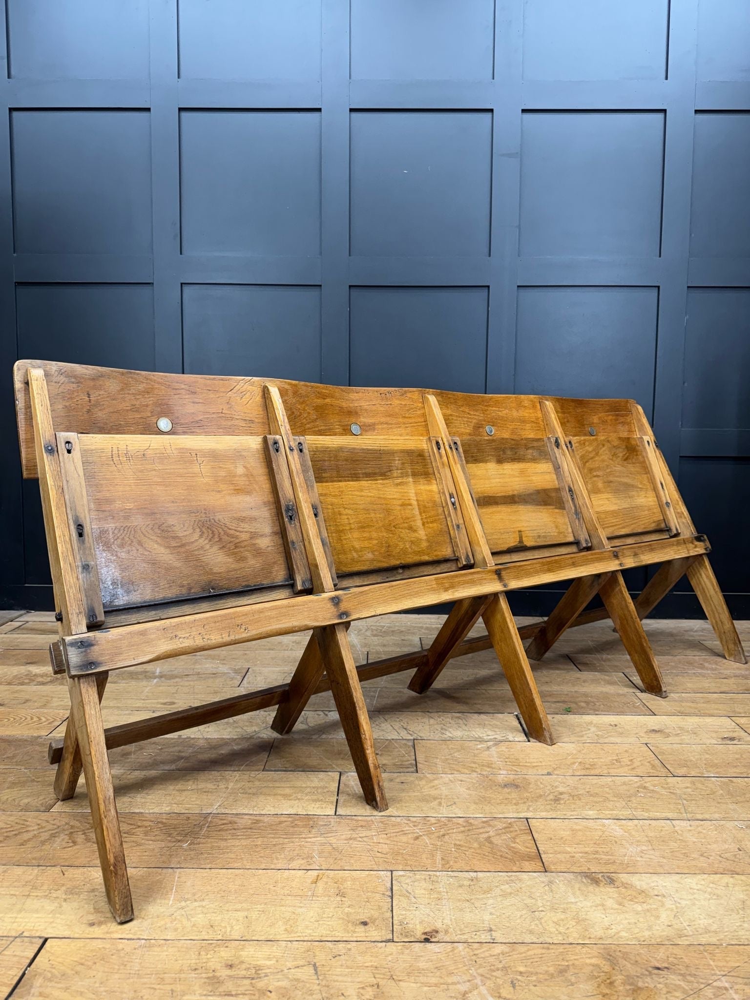 Vintage oak church chairs folding bench with warm natural finish and sturdy salvaged antique oak construction