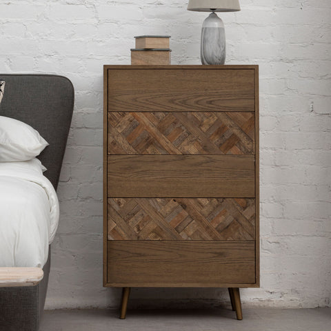 Salvar wooden chest of 5 drawers in warm brown wood with herringbone inlays and tapered legs mid-century modern style