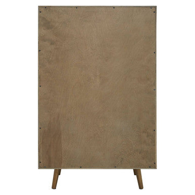The back of a minimalist salvar wooden chest with slender legs made of natural wood