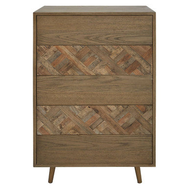 Salvar wooden chest of 5 drawers is a modern wooden chest with four herringbone drawers and sleek tapered legs