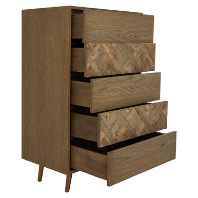Modern oak salvar wooden chest with five drawers featuring herringbone pattern and tapered legs