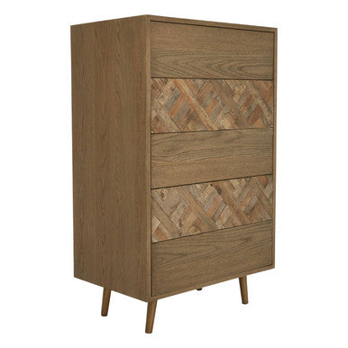 Modern oak salvar wooden chest of 5 drawers with two herringbone-patterned drawers and tapered legs