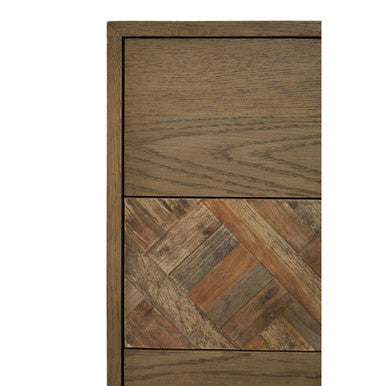 Rustic salvar wooden chest of 5 drawers with solid oak top drawer and reclaimed wood herringbone pattern lower section