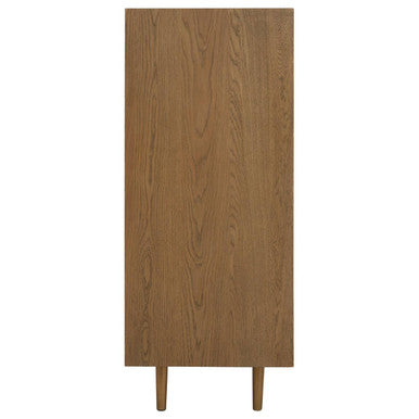 A sleek light brown salvar wooden chest of 5 drawers with smooth finish and tapered legs for stylish storage