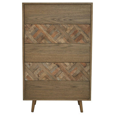 A tall rustic salvar wooden chest with a wooden chest featuring a herringbone pattern and tapered legs