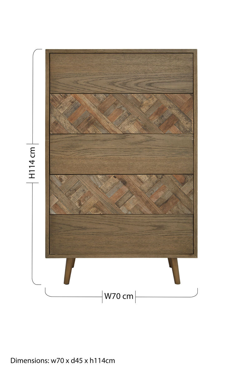 Tall salvar wooden chest of 5 drawers in warm brown wood with herringbone panels and tapered legs wooden chest