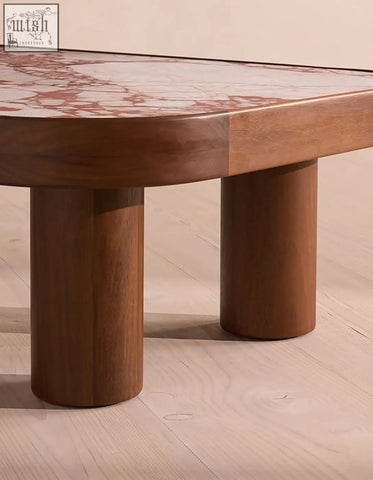 Salvatore rectangle coffee table with polished red and white marble top and sturdy wooden legs for modern living rooms