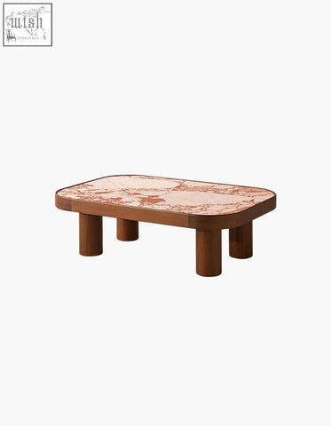Salvatore rectangle coffee table with pink and beige marble top and cylindrical wooden legs perfect for living room