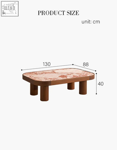 Salvatore rectangle coffee table with pink and beige marble top and sturdy wooden legs perfect as a coffee table