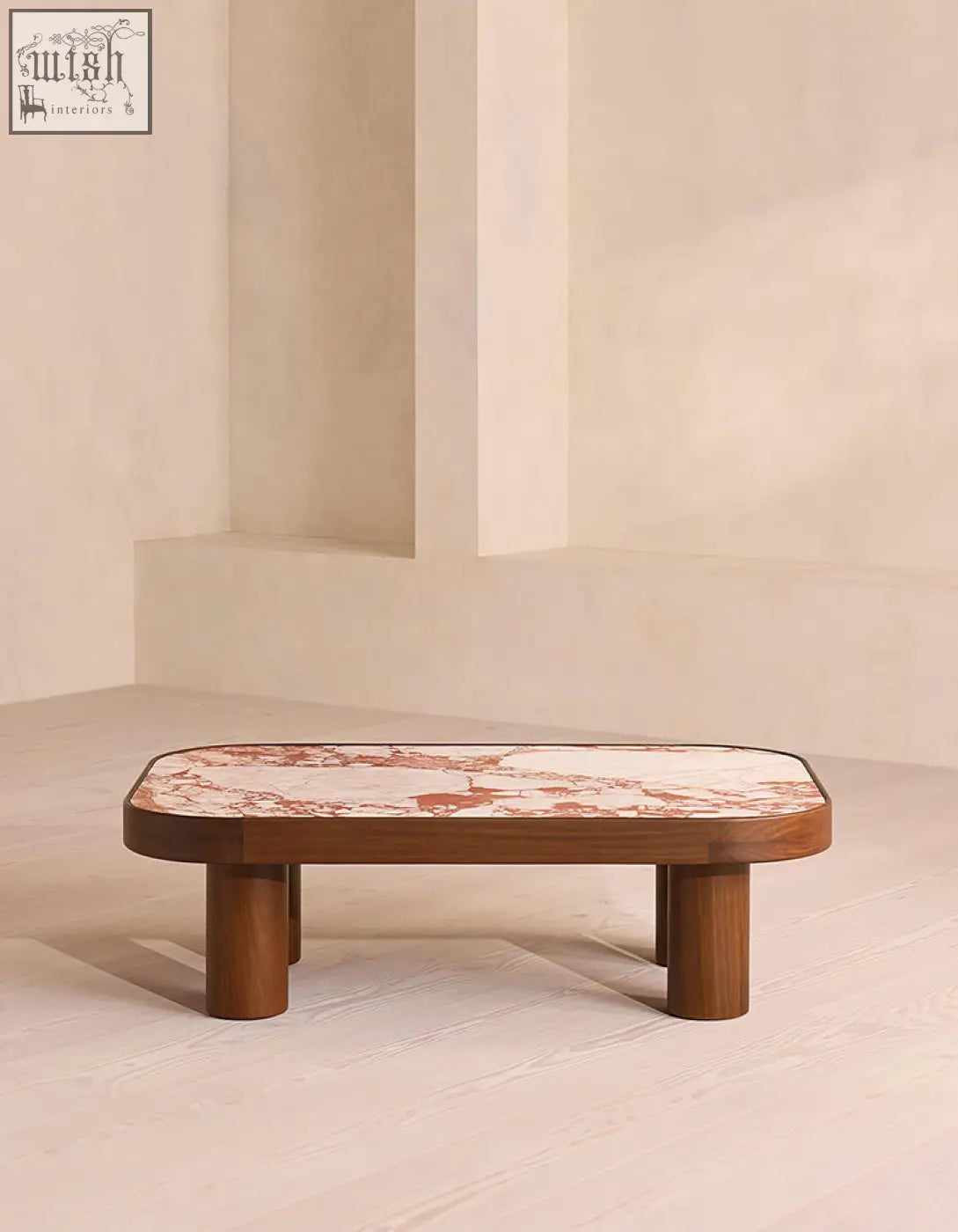 Salvatore rectangle coffee table with a polished white and rust marble top and dark wood legs perfect for living rooms