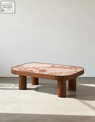 Salvatore rectangle coffee table with warm wood frame and polished pink marble top featuring brown veining