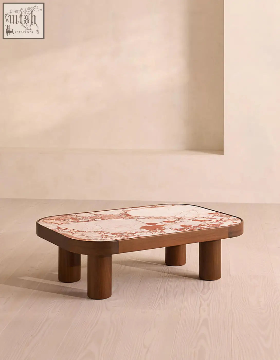 Salvatore rectangle coffee table with sleek white and rust marble top and dark wood legs perfect for modern spaces