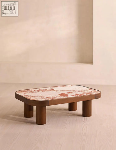 Salvatore rectangle coffee table with sleek white and rust marble top and dark wood legs perfect for modern spaces