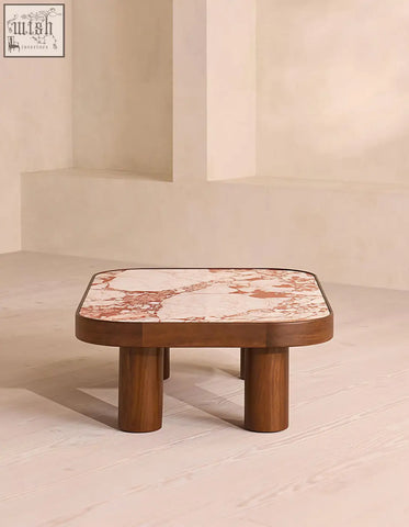 Salvatore rectangle coffee table with pink and white marble top and sturdy wooden legs perfect as a coffee table
