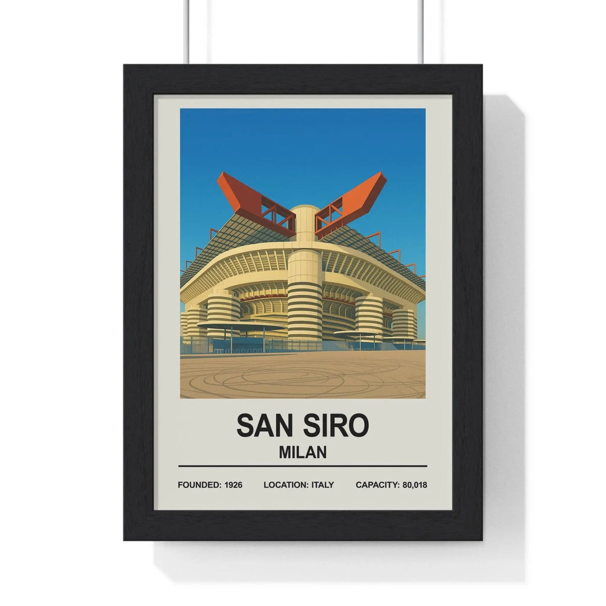 Black-framed poster featuring stylized san siro exterior illustration with orange and beige details against blue sky